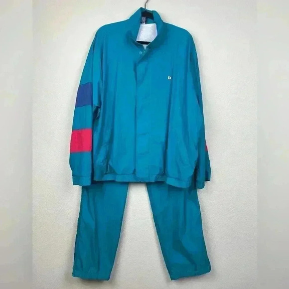 VTG LAND'S END Men's Large Turquoise Blue Track Suit Full Zip Jacket Pants Lined - Picture 1 of 16